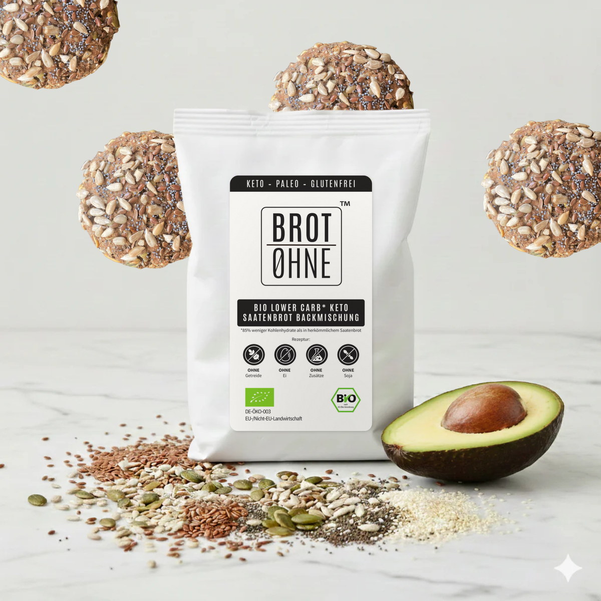 BROT OHNE Bio Keto Brotmix – Beutel mit Saaten, Brötchen und Avocado