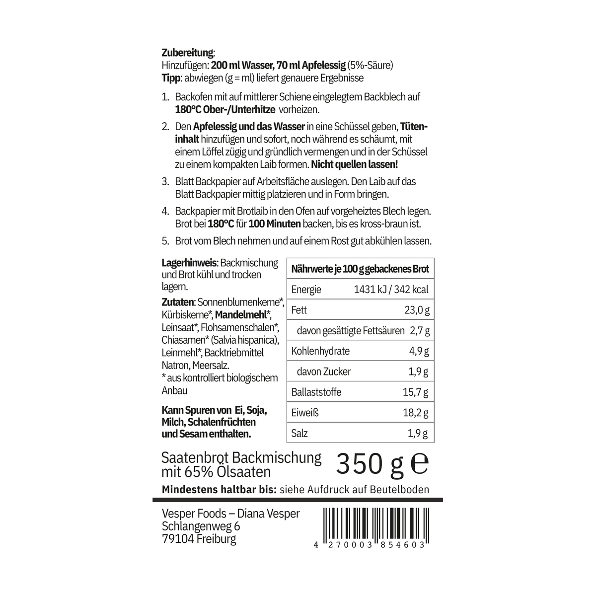 BROT OHNE Bio Keto Brotmix – Etikett Rückseite mit Zubereitung, Zutaten und Nährwerttabelle