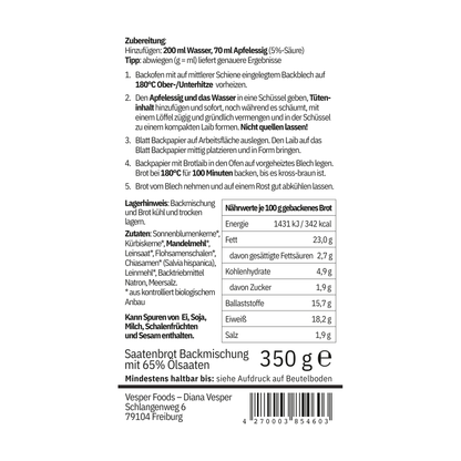 BROT OHNE Bio Keto Brotmix – Etikett Rückseite mit Zubereitung, Zutaten und Nährwerttabelle