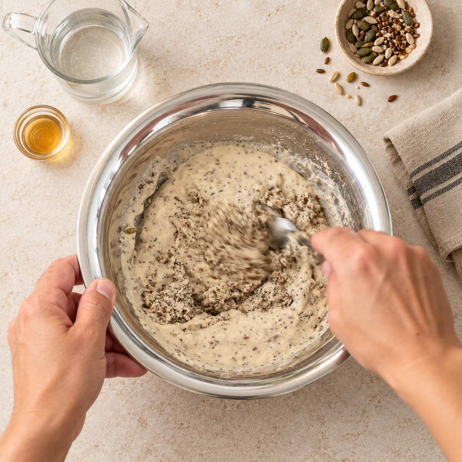 Schritt 1: BROT OHNE Backmischung mit Wasser und Apfelessig in einer Edelstahlschüssel verrühren