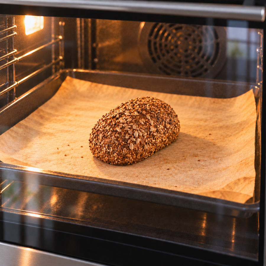 Schritt 3: Kleiner Saatenbrot-Laib auf Backpapier im Backofen