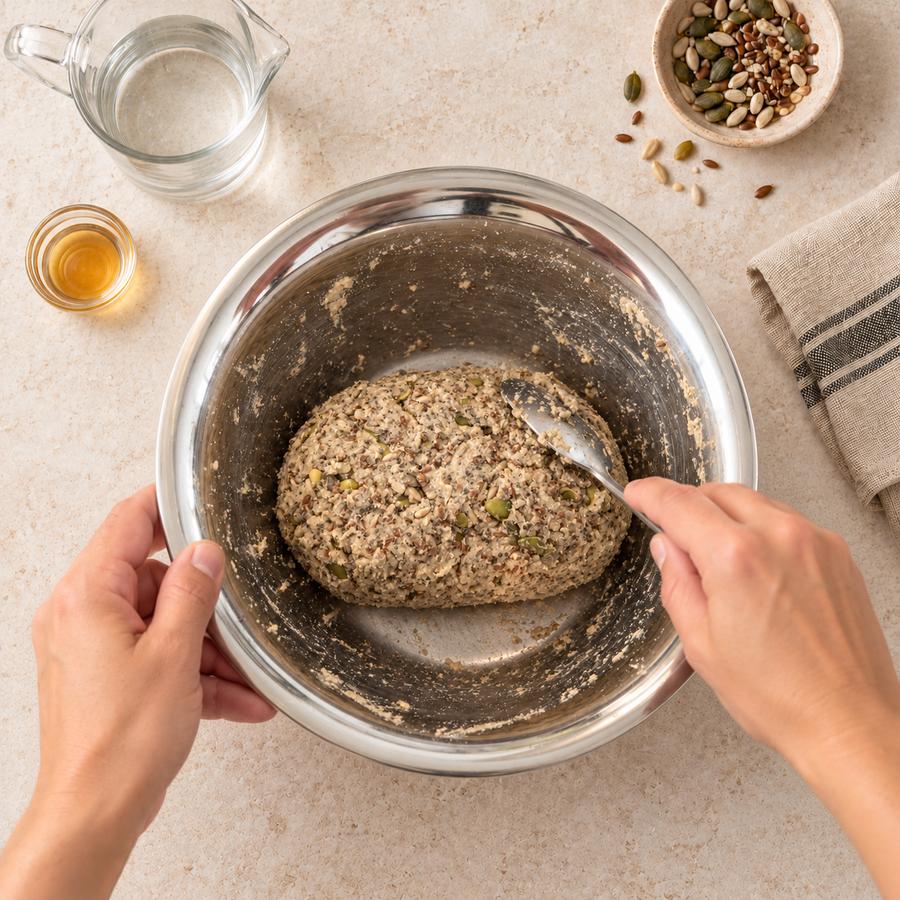 Schritt 2: Saatenbrot-Teig mit einem Löffel in einer Edelstahlschüssel zum Laib formen