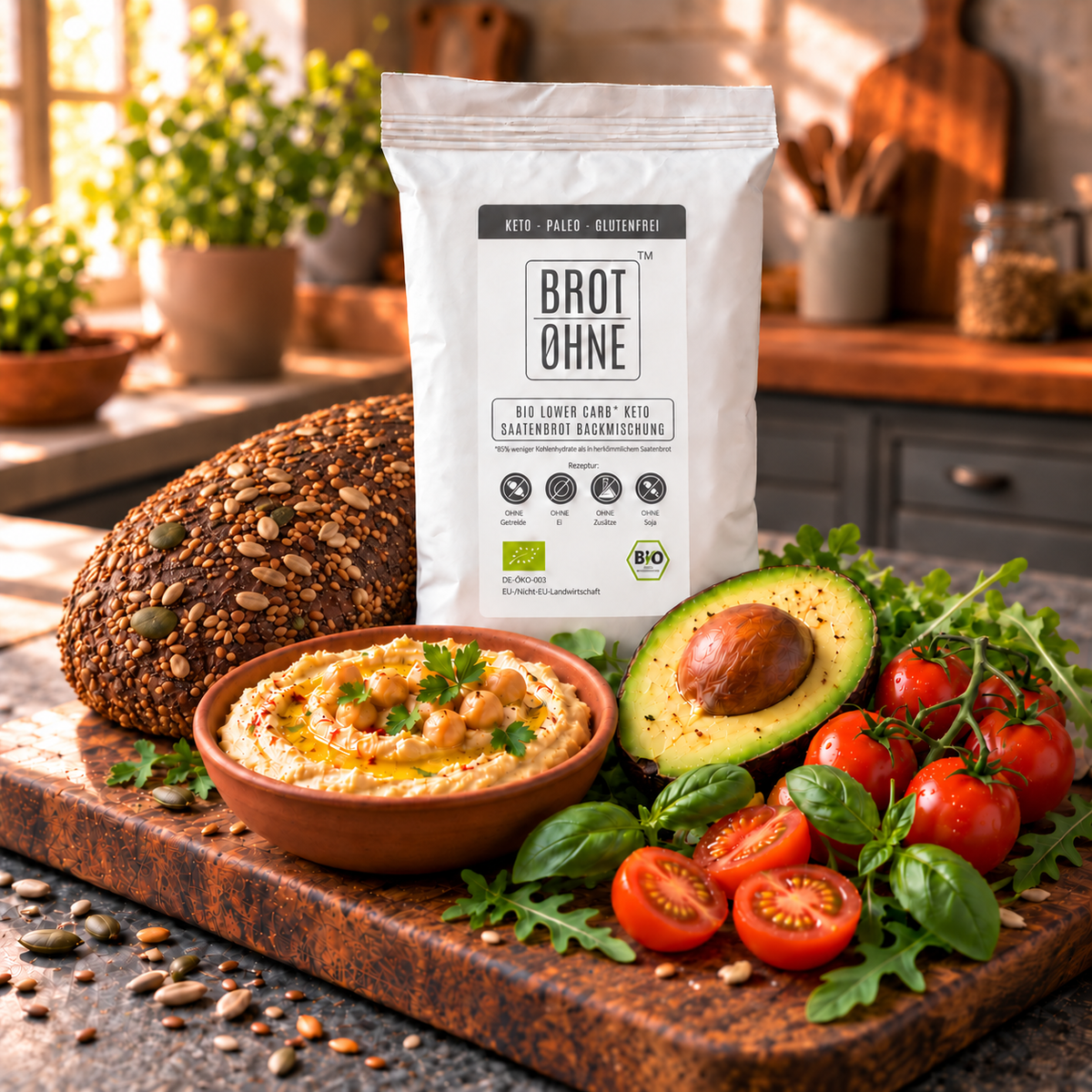 BROT OHNE Backmischung mit ganzem Saatenbrot nach Reel-A-Referenz, Hummus, Avocado und Tomaten in einer warmen Küche.