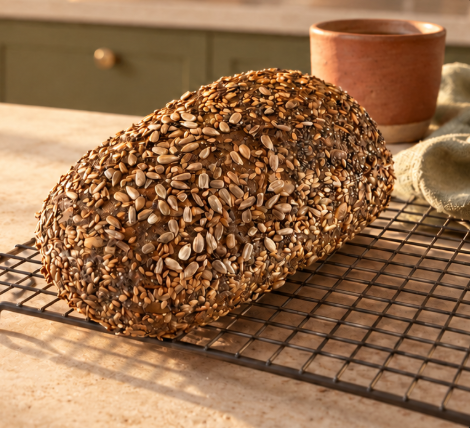 Gebackenes BROT OHNE Saatenbrot beim Abkühlen auf einem Gitter