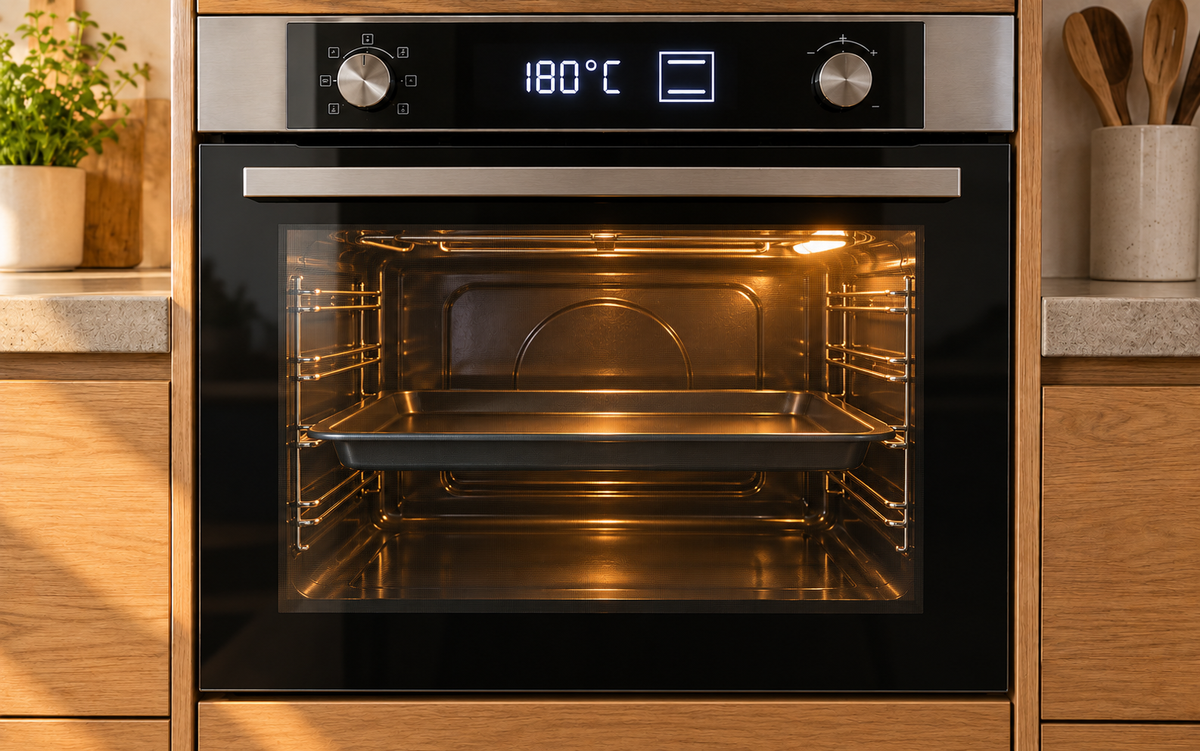 KI-generiertes Anleitungsbild: geschlossener Ofen auf 180 °C Ober-/Unterhitze mit leerem Backblech auf mittlerer Schiene, ohne Backpapier